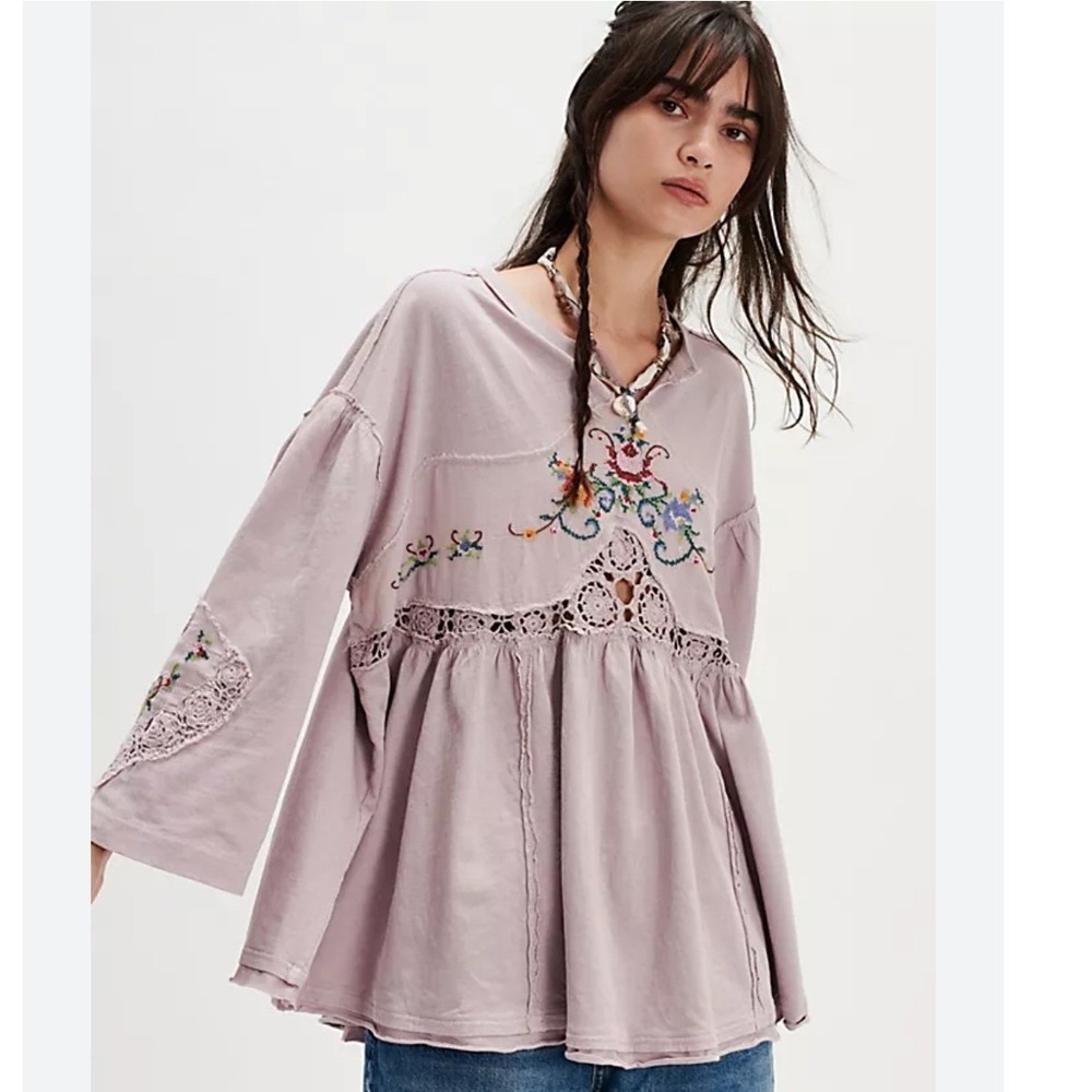 Free People Kennedy Tunic Embroidered Babydoll Top Shirt Crochet Lace Womens XL - Picture 2 of 8